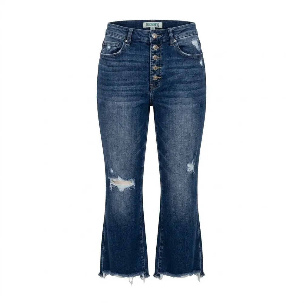 Rockin' C Blue Distressed Fly Raw Hem Cropped Flare Jeans Women Size 31